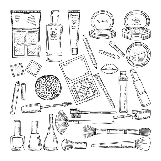 ilustrações, clipart, desenhos animados e ícones de ilustrações de doodle de cosméticos da mulher. ferramentas de maquiagem para mulheres bonitas - esmalte cosmético