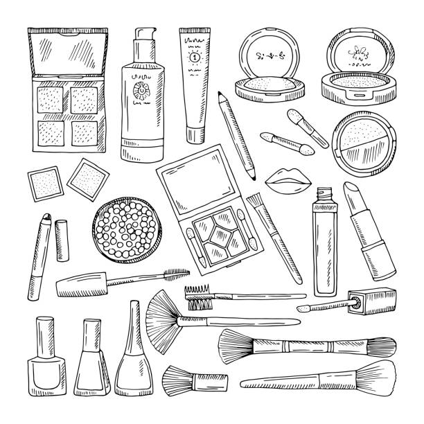 Doodle illustrations of woman cosmetics. Makeup tools for beautiful women Doodle illustrations of woman cosmetics. Makeup tools for beautiful women. Fashion makeup cosmetic doodle style vector mirror object drawings stock illustrations