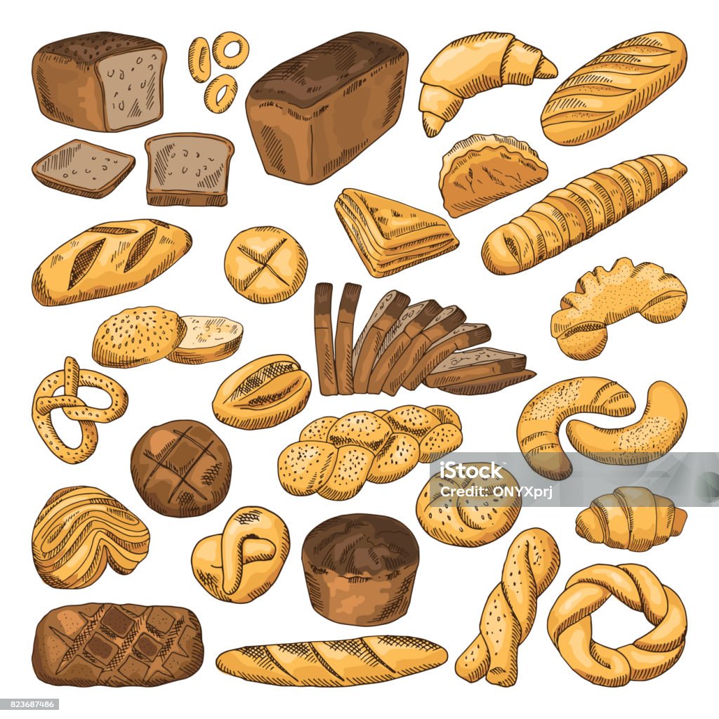 Colored hand drawn pictures of fresh bread and different types of bakery food. Baguette, croissant and others Colored hand drawn pictures of fresh bread and different types of bakery food. Baguette, croissant and others. Bread 0 food, fresh bakery snack illustration Bagel stock vector