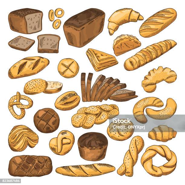 Colored Hand Drawn Pictures Of Fresh Bread And Different Types Of Bakery Food Baguette Croissant And Others Stock Illustration - Download Image Now