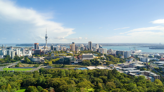 Aerial view on Auckland city center with Waitemata Harbour on the background. New Zealand