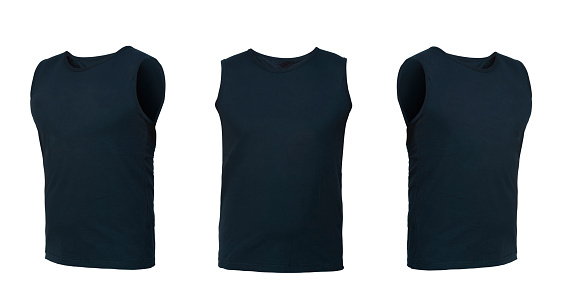 dark blue sleeveless T-shirt. t-shirt front view three positions on a white background