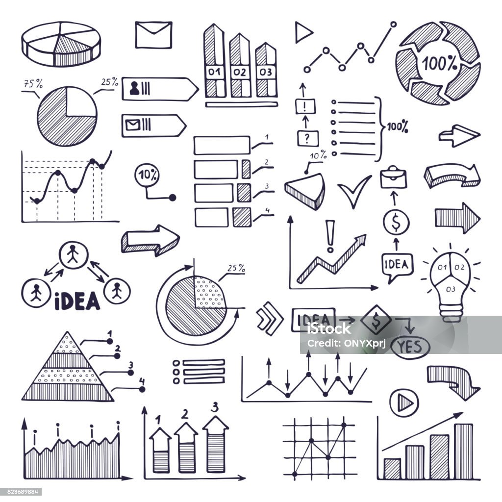 Pie graph, graphics and charts. Business illustrations in hand drawn style Pie graph, graphics and charts. Business illustrations in hand drawn style. Business graphic chart and diagram, information hand drawn pie chart statistic Drawing - Activity stock vector