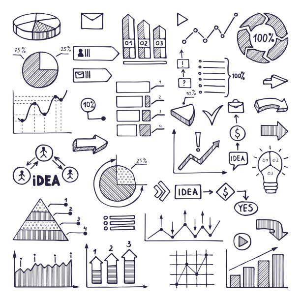 Pie graph, graphics and charts. Business illustrations in hand drawn style Pie graph, graphics and charts. Business illustrations in hand drawn style. Business graphic chart and diagram, information hand drawn pie chart statistic pencil tip stock illustrations