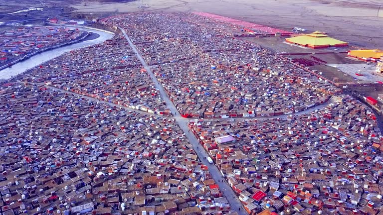 Aerial view of shacks of buddhist monks