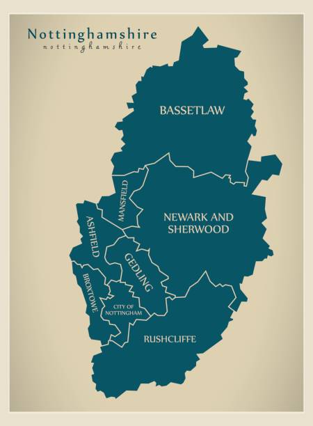 Modern Map - Nottinghamshire county with district captions England UK illustration Modern Map - Nottinghamshire county with district captions England UK illustration nottinghamshire map stock illustrations