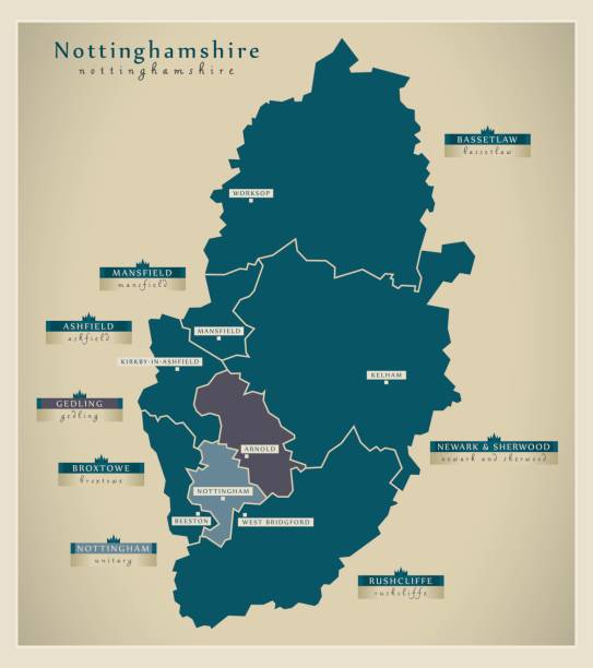 Modern Map - Nottinghamshire county with district labels England UK illustration Modern Map - Nottinghamshire county with district labels England UK illustration nottinghamshire map stock illustrations