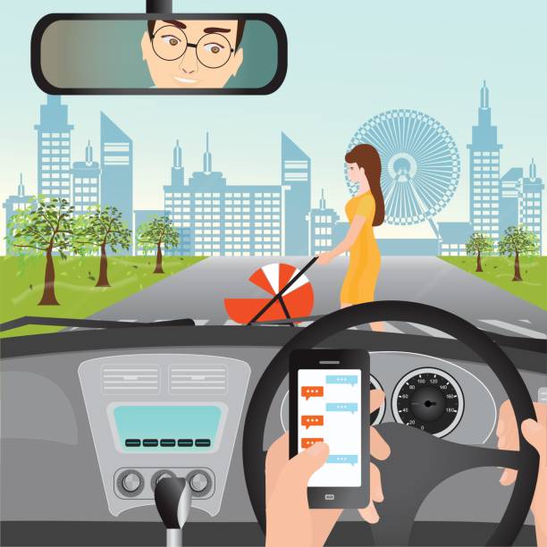 Man using smartphone while driving the car when woman with a stroller. Man using smartphone while driving the car when woman with a stroller are crossing the road, traffic accident graphic design conceptual vector illustration. car crash accident cartoon stock illustrations