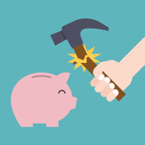 ilustraciones, imágenes clip art, dibujos animados e iconos de stock de martillo roto antes de romper la hucha, ahorro en concepto de seguridad - piggy bank pig savings breaking