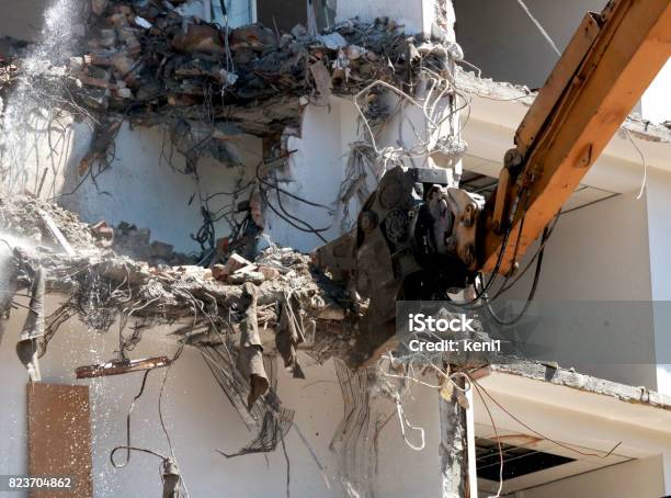 Building Demolition Machine Stock Photo - Download Image Now - Abandoned, Architectural Column, Architecture