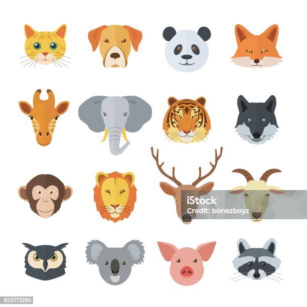 Set Of Animal Faces Stock Illustration - Download Image Now - Animal Head, Head, Fox