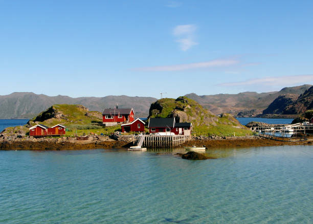 kolorowe drewniane domy w stylu norweskim małej wioski rybackiej, przylądek północny, norwegia, skandynawia - flowing water ripple day plant zdjęcia i obrazy z banku zdjęć