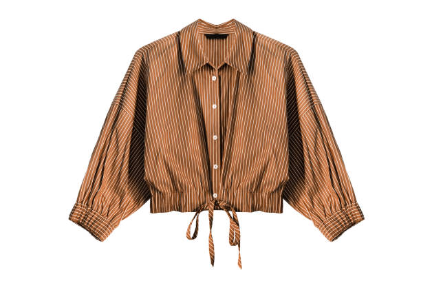 Brown blouse isolated Brown striped blouse with buttons and laces isolated over white blouse stock pictures, royalty-free photos & images