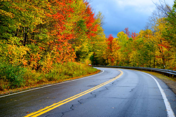 road in autumn foliage in new england - road winding road highway mountain imagens e fotografias de stock