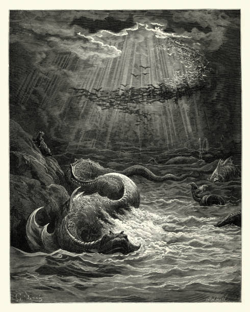 Milton's Paradise Lost - Reptile with spawn abundant Vintage engraving by Gustave Dore, from Milton's Paradise Lost. And God said, Let the waters generate Reptile with spawn abundant, living soul, and let fowl fly above the earth sea monster stock illustrations