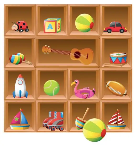 Vector illustration of Many toys on wooden shelves
