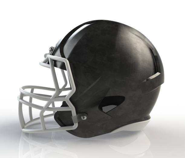 istock Black brushed galvanized american football helmet side view on a white background with detailed clipping path, 3D rendering 823755934
