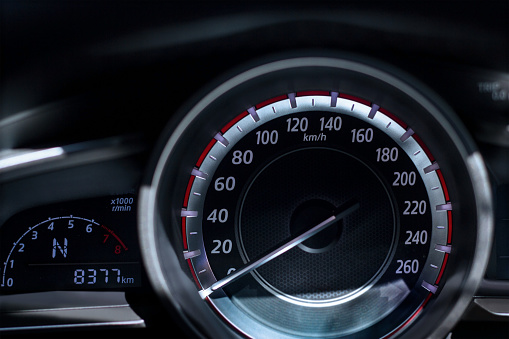 Fast Speedometer In Dash Car Dashboard Speedometer Close Up Stock Photo - Download Image Now ...