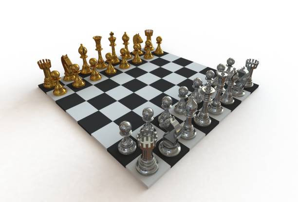 istock Isometric view of chess figures on the playing board on white background, 3D rendering 823762792