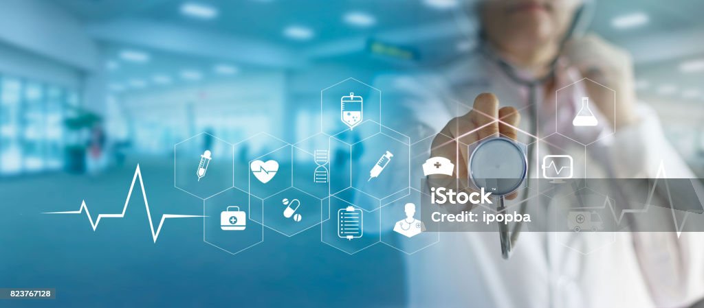 Medicine doctor and stethoscope in hand touching icon medical network connection   with modern virtual screen interface, medical technology network concept Healthcare And Medicine Stock Photo