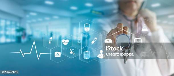 Medicine Doctor And Stethoscope In Hand Touching Icon Medical Network Connection With Modern Virtual Screen Interface Medical Technology Network Concept Stock Photo - Download Image Now
