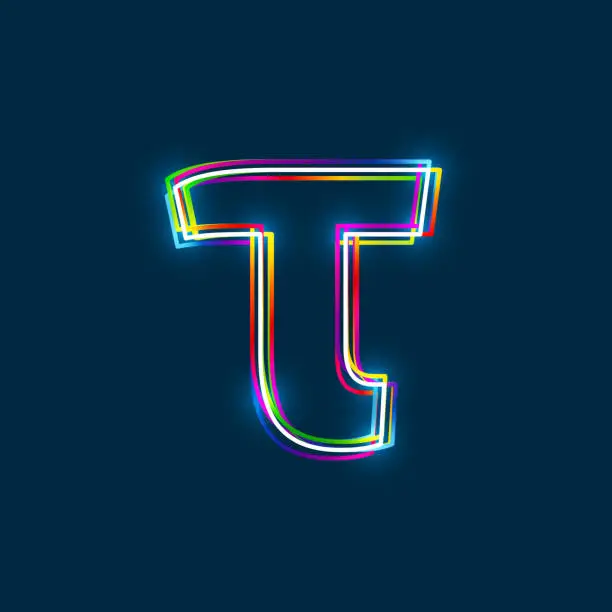 Vector illustration of Greek Small Letter Tau - Vector multicolored outline font with glowing effect isolated on blue background.