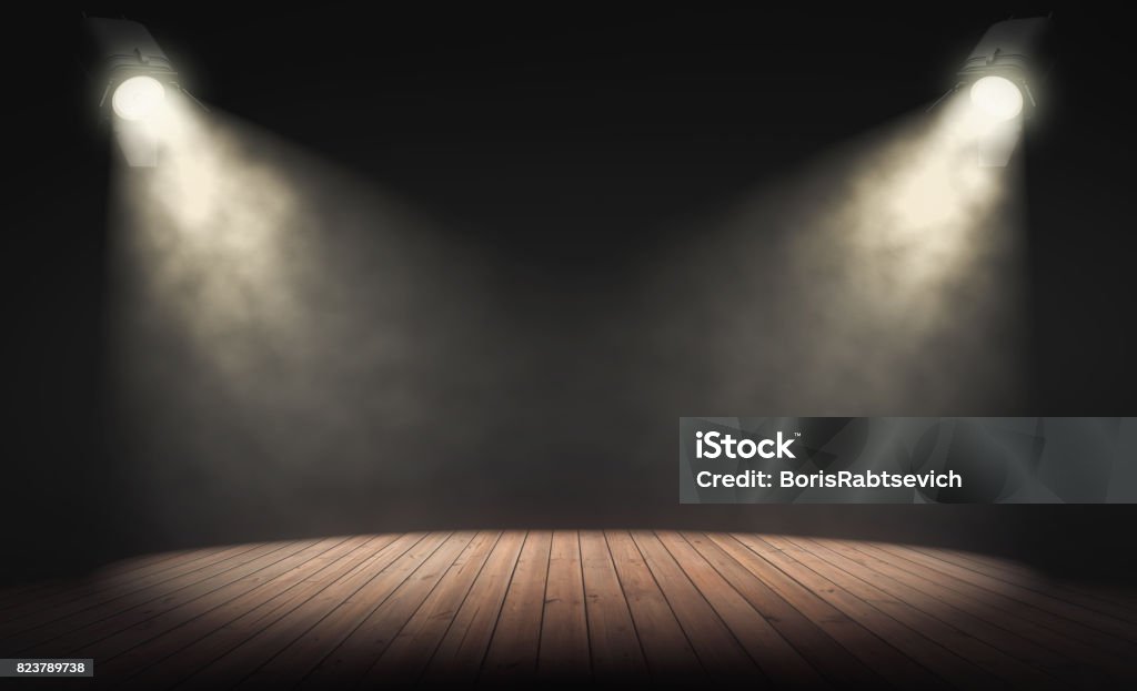 Focos iluminan el escenario vacío con fondo oscuro. Render 3D - Foto de stock de Escenario libre de derechos