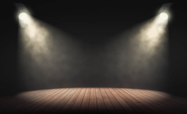 i faretti illuminano il palco vuoto con sfondo scuro. rendering 3d - spettacolo teatrale foto e immagini stock