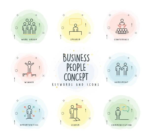 ilustrações de stock, clip art, desenhos animados e ícones de business people line icon set with watercolor patch - watercolor painting audio