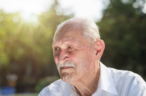 istock old man portrait, sitting on a bench in a park in summer 823807922