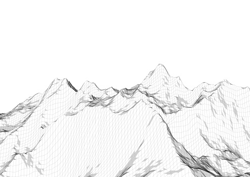 Low poly mountains landscape. Polygonal shapes peaks. 3d illustration. Light black and white triangle mosaic background