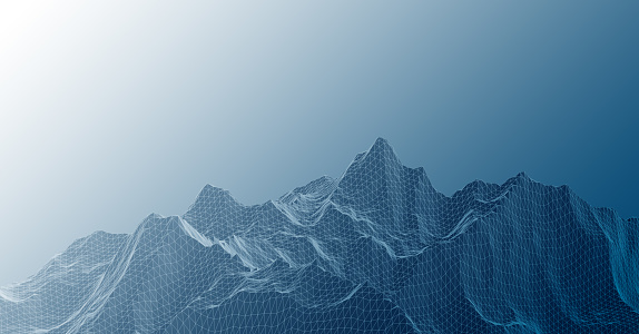 Low poly mountains landscape. Polygonal shapes peaks. 3d illustration. blue triangle mosaic background
