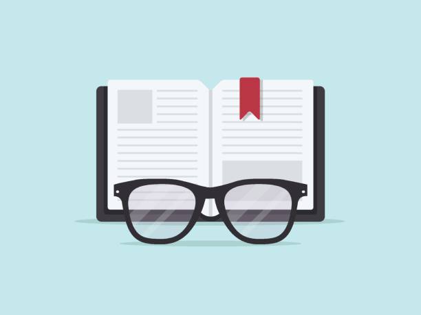 Education Concept Eyeglasses in front of an open book. Flat design style. reading glasses stock illustrations