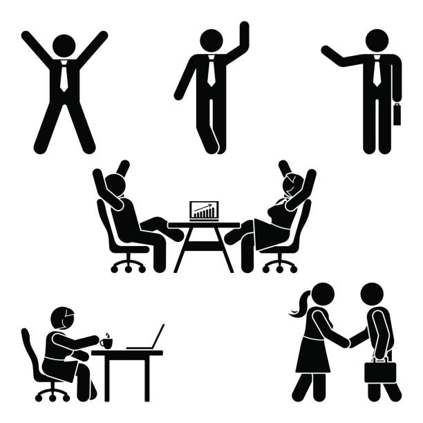 ilustrações, clipart, desenhos animados e ícones de stick figura escritório representa o conjunto. suporte a negócios finanças no local de trabalho. trabalho, sentado, falando, reunião, treinamento, discutindo o pictograma de vetor - cartoon business meeting training