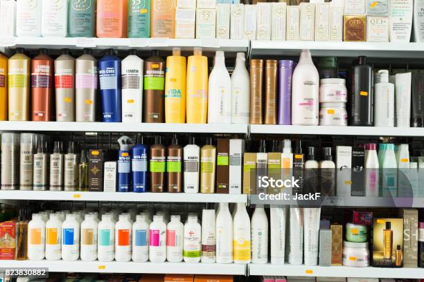 Hair Care Cosmetics Editorial Stock Photo - Download Image Now - Shampoo, Shelf, Merchandise