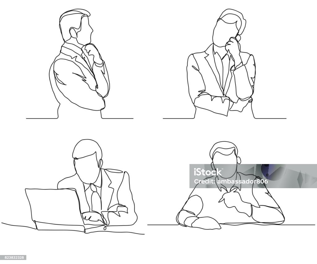 Businessman thinking linear design, continuous line, Thoughtful man with laptop outline Businessman thinking linear design, continuous line art, Thoughtful man with laptop outline. Vector Line Art stock vector