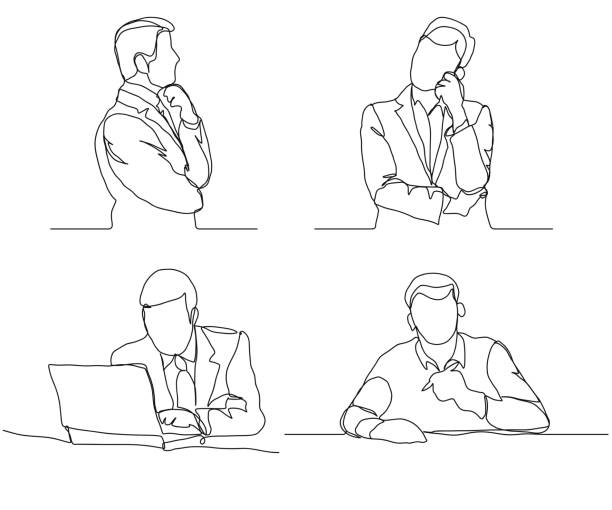 Businessman thinking linear design, continuous line, Thoughtful man with laptop outline Businessman thinking linear design, continuous line art, Thoughtful man with laptop outline. Vector continuity stock illustrations