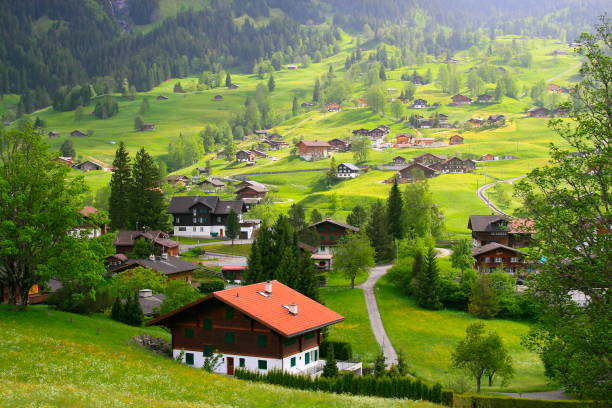 paesaggio di fary tale: sopra idilliaca valle e prati del villaggio alpino di grindelwald, spettacolari alpi del wetterhorn innevate svizzere, campagna idilliaca, oberland bernese, alpi svizzere, svizzera - bernese oberland foto e immagini stock