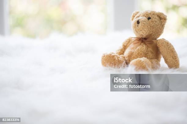 Teddy Bear With A Bow Stock Photo - Download Image Now - Teddy Bear, Fluffy, Blanket