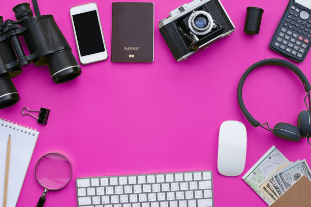 istock Flat lay of accessories on pink desk background 823838546