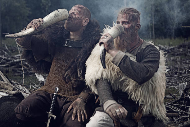 dois guerreiros viking barbudo caucasiano autêntico num cenário de floresta ao ar livre - trompa de caça - fotografias e filmes do acervo