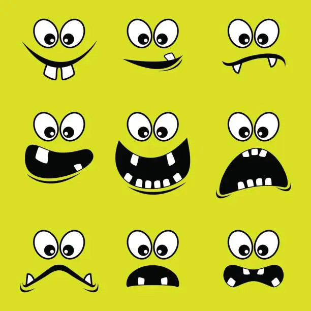 Vector illustration of Faces of monsters on a green background