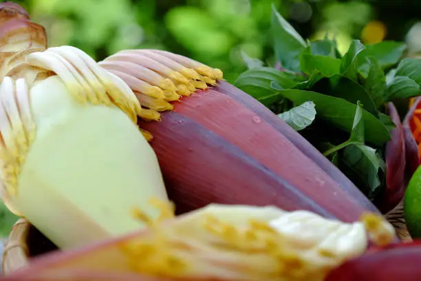 Close up of banana flower on green background, a kind of popular vegetable that use in many Vietnamese food