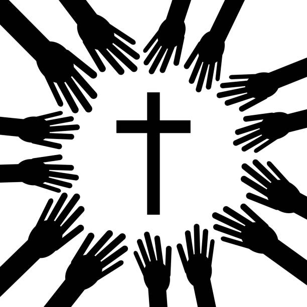 istock Christian cross with hands. Faith and religion. Vector illustration 823846160