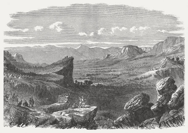 illustrazioni stock, clip art, cartoni animati e icone di tendenza di valley of elah (1 samuel 17, 2), pubblicato nel 1886 - canaan valley