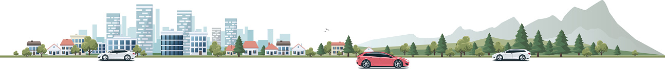 Flat vector cartoon style illustration of urban landscape street with cars, skyline city office buildings, family houses in small town and mountain with green trees in background. Traffic on the road. Wide horizontal panorama.