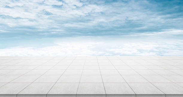 istock Empty concrete floor top with panoramic ocean view under sunrise and morning blue bright sky 823850416