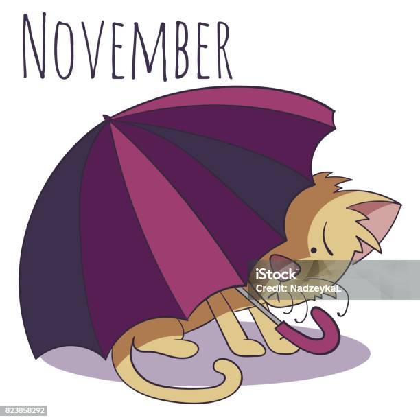 Cartoon Vector Cat For Calendar Month November Stock Illustration - Download Image Now - Animal, Beauty, Belarus