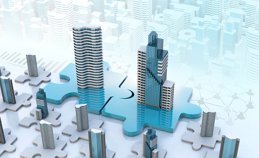 merger and acquisition business concepts, join company on puzzle pieces, 3d render