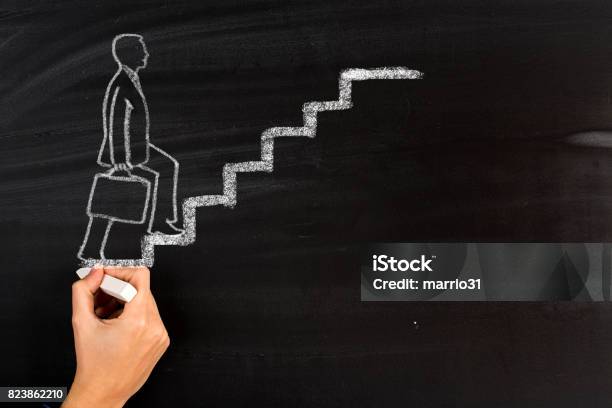 Businessman Walking On Drawing Stairs Stock Photo - Download Image Now - Footpath, Employment And Labor, Occupation